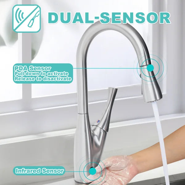 Dual-Sensor Touchless Kitchen Faucet with Pull-Down Activation, Infrared Sensor and 3-Function Sprayer SRTKF1430-BN