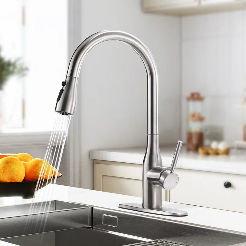 Single-Handle Pull-Down Kitchen Faucet with Deck Plate, 3-Function Spray Head, and 360-Degree Swivel Nozzle SR-COLA1131-BN