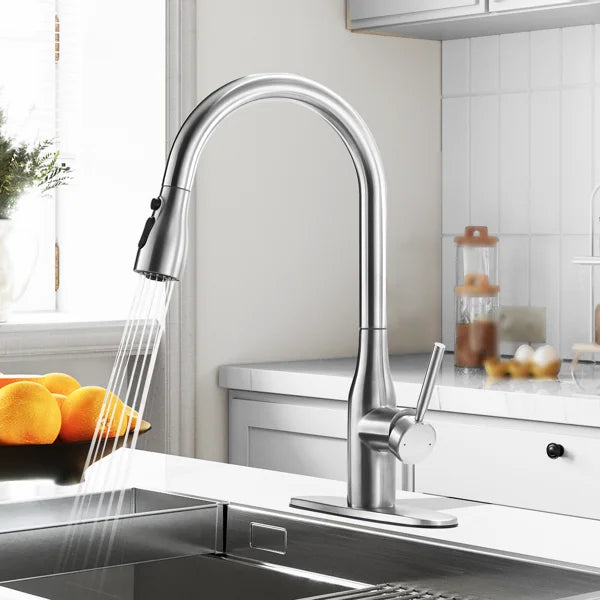 Touchless Pull Down Single Handle Kitchen Faucet with 3-Function Spray Head, 360° Swivel Spout and Deck Plate, SUS 304 Stainless Steel SR-KFAI2130-BN