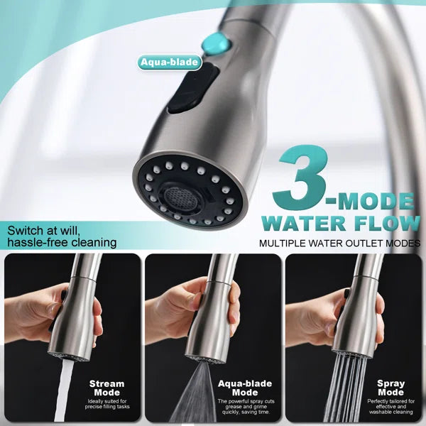 Touchless Pull Down Single Handle Kitchen Faucet with 3-Function Spray Head, 360° Swivel Spout and Deck Plate, SUS 304 Stainless Steel SR-KFAI2130-BN